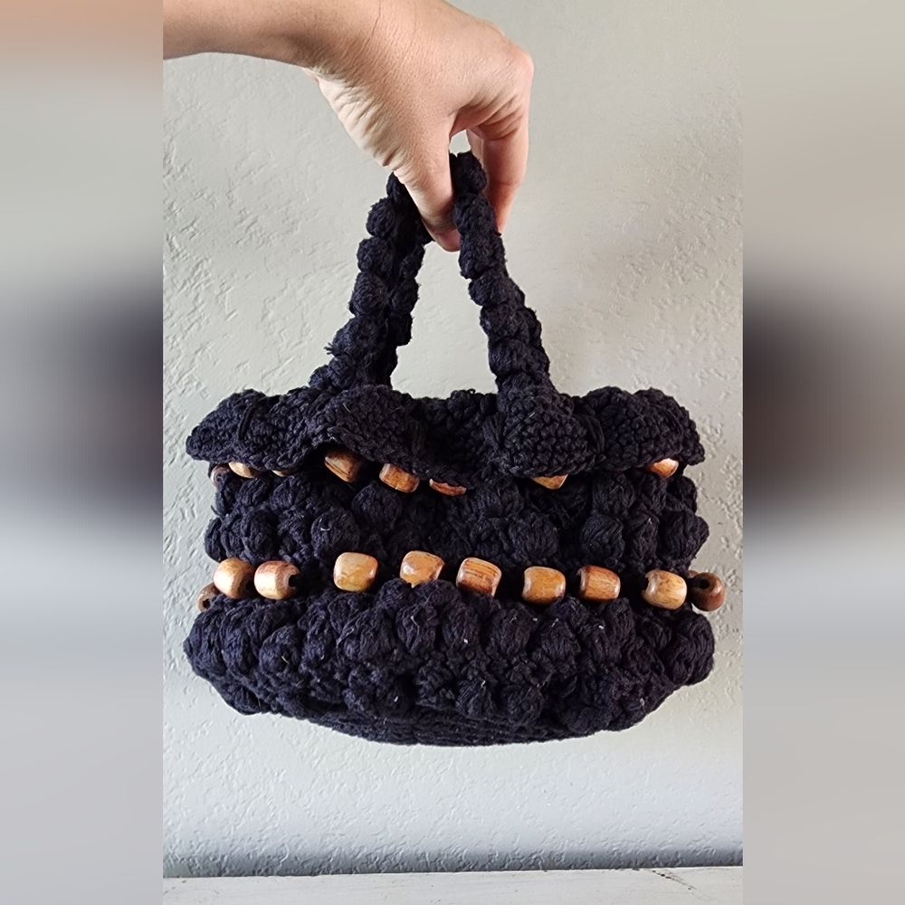 Crocheted Black Bobbled and Wooden Bead Mini Bucket Tote Bag Small Transport